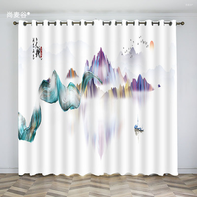 新中式窗帘阳台茶室客厅中国风古山水墨画风景透光不透人隔断纱帘