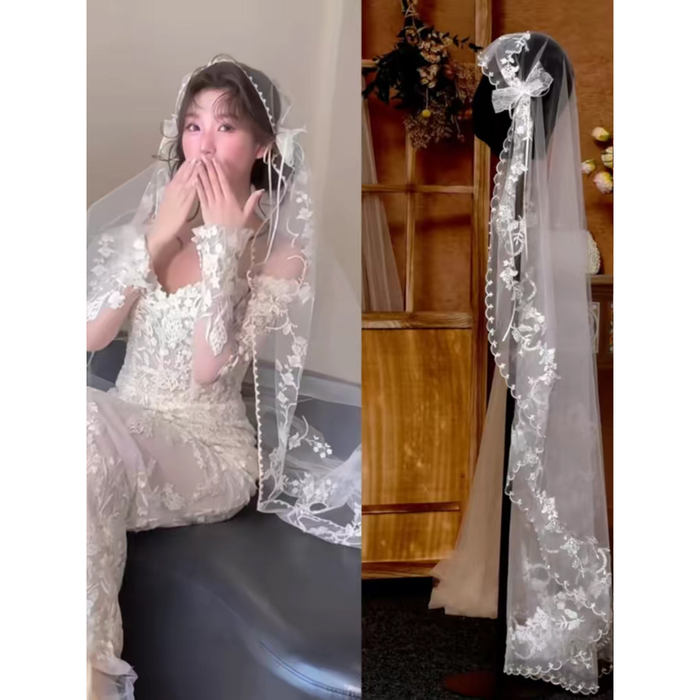法式复古蕾丝花边蝴蝶结新娘头纱
