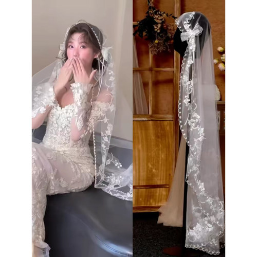 法式复古蕾丝花边蝴蝶结新娘头纱