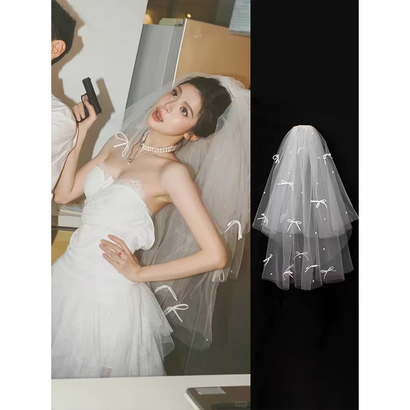 韩式仙美珍珠小蝴蝶结新娘头纱