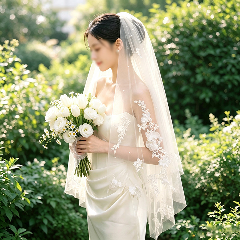 法式珍珠蕾丝头纱新娘主婚纱气质高级感领证求婚头饰超仙绝美长款