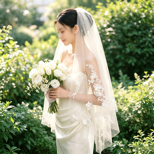 法式珍珠蕾丝头纱新娘主婚纱气质高级感领证求婚头饰超仙绝美长款