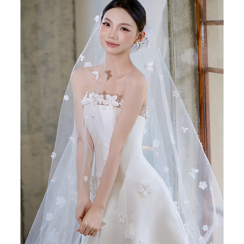 蝴蝶珍珠头纱新娘主婚纱超仙高级