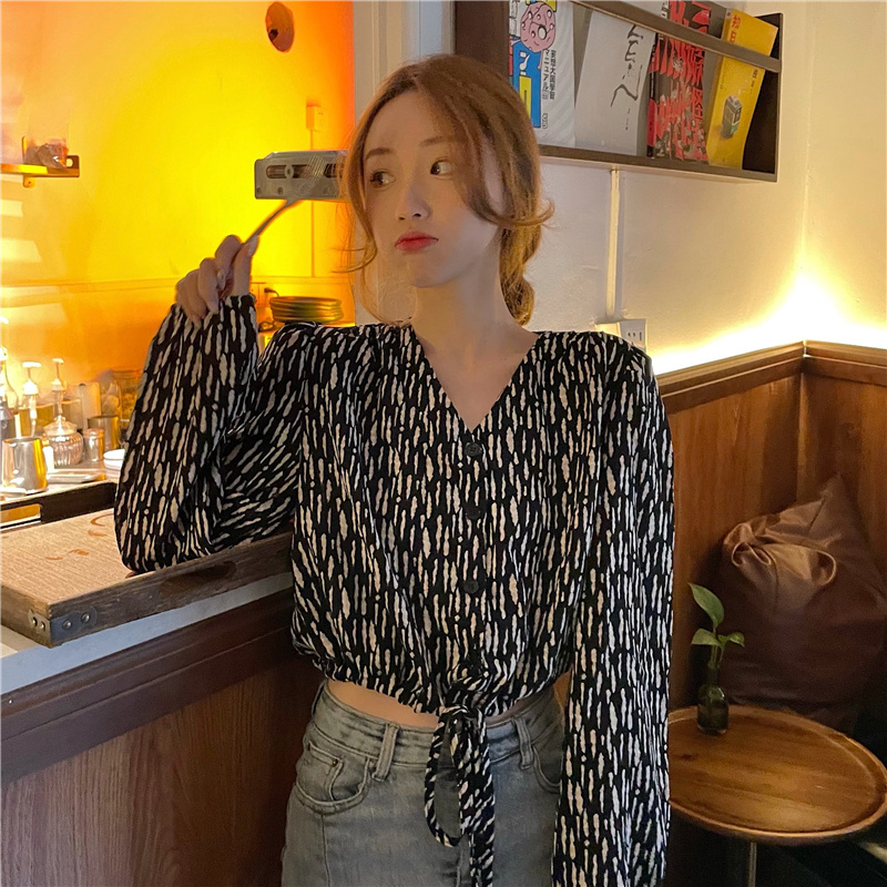 Real price early spring 2021 new Korean V-neck short long sleeve leopard Shirt Top