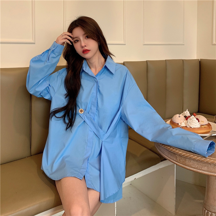 Real price 2021 spring Korean loose lazy style solid color versatile design irregular long sleeve shirt