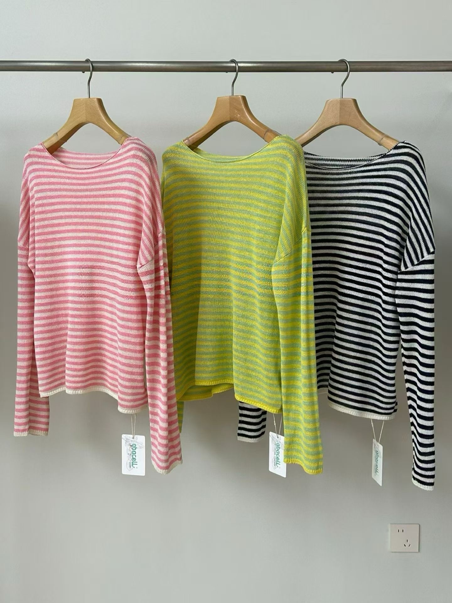 韩系极简气质条纹撞色一字领进口蕉麻防晒针织衫26春夏新款罩衫女