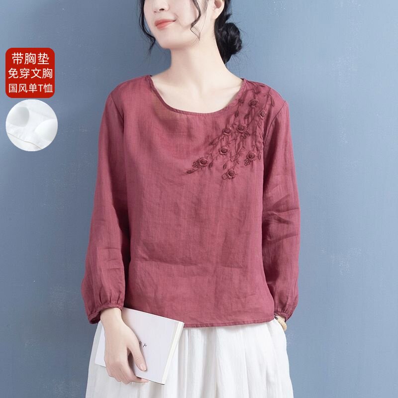 带胸垫一体睡衣女T恤春秋季棉麻长袖新式国风刺绣单件上衣可外穿