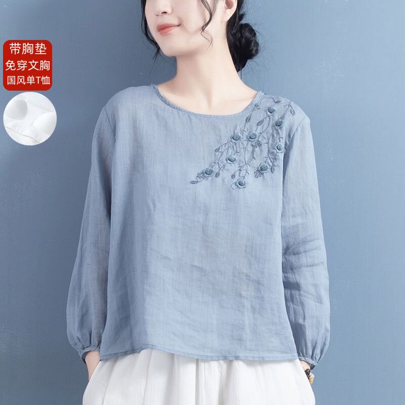 带胸垫睡衣女棉麻刺绣圆领长袖T恤女复古文艺宽松纯色上衣t家居服
