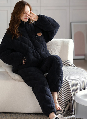 5XL特大码胖妹妹200斤加肥加大三层加厚法兰绒夹棉睡衣女冬拉链款