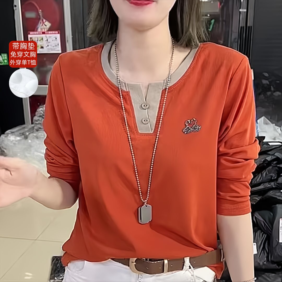 带胸垫T恤女纯棉长袖妈妈上衣可外穿睡衣中老年春秋宽松V领家居服