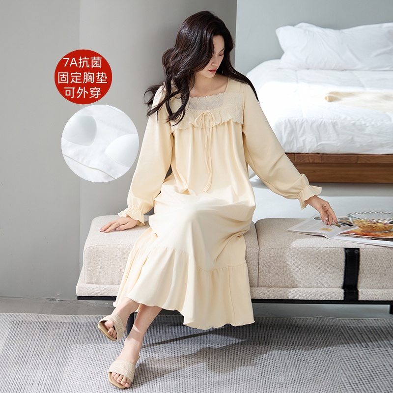带胸垫睡裙女春秋纯棉2025新款长袖甜美大码全棉连衣裙睡衣家居服