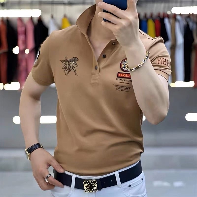2023夏季新款潮男装3色新创意polo衫翻领短袖时尚修身印花烫钻t恤