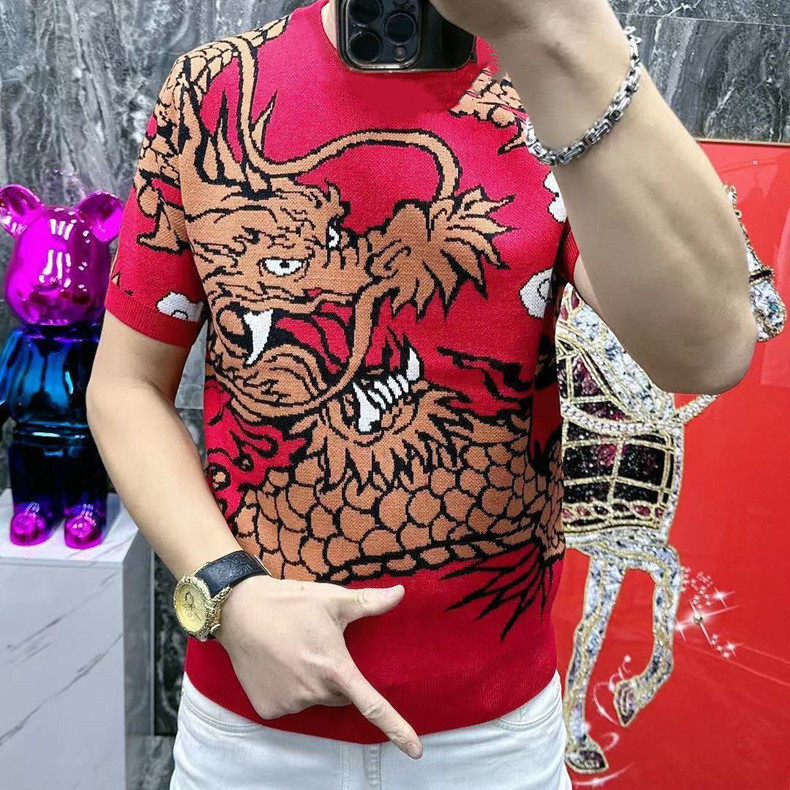 龙年半袖t恤本命年春秋季中国红潮流霸气过肩龙图案短袖打底衫男