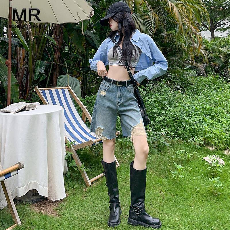 破洞高腰牛仔短裤女夏季2025新款薄款辣妹a字包臀小个子五分裤子