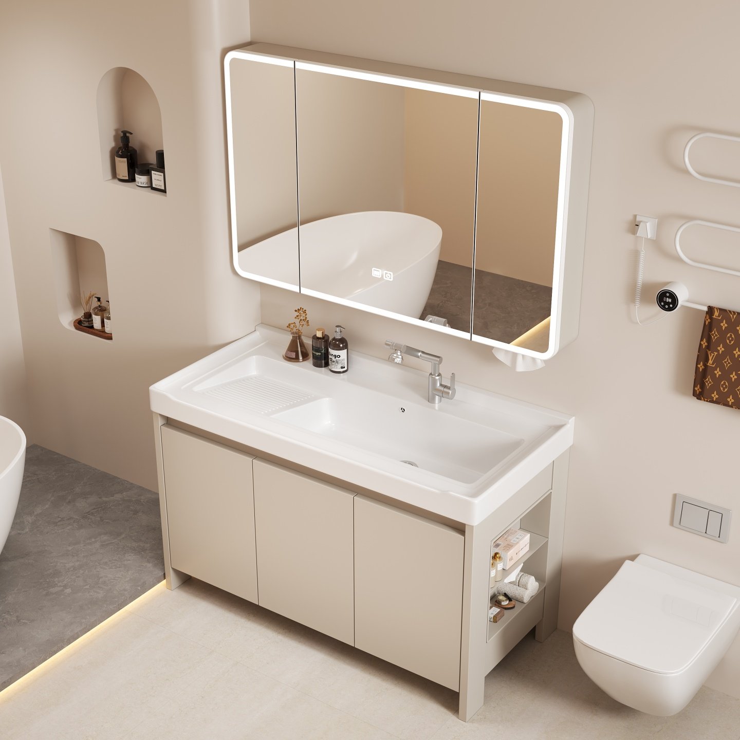 落地式洗衣盆柜带搓衣板陶瓷一体盆卫生间蜂窝铝侧边格浴室柜组合