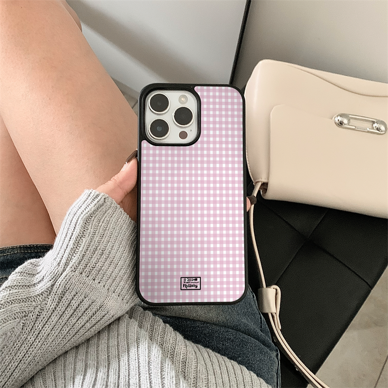 ins风韩系粉色格纹适用苹果15promax手机壳新款iPhone16pro高级感14pro小众13全包12防摔黑边15软胶女款硬壳