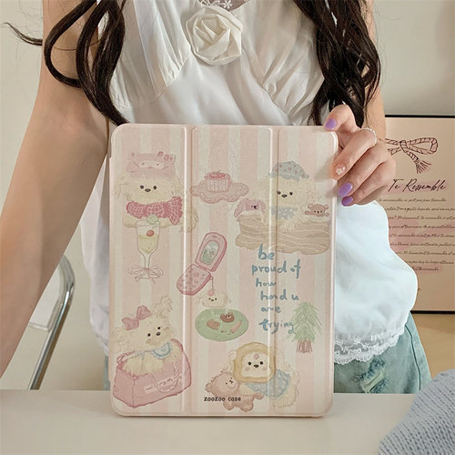 韩系ins卡通可爱油画小狗适用苹果ipad保护壳air4/5三折式平板壳九代10.2寸亚克力2021款pro11防弯12.9带笔槽