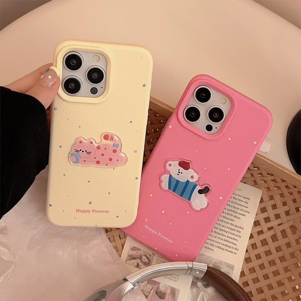 韩系ins风波点猫咪狗狗苹果15手机壳适用于iPhone14promax新款16创意小众12全包软壳15pro情侣14高级感保护套