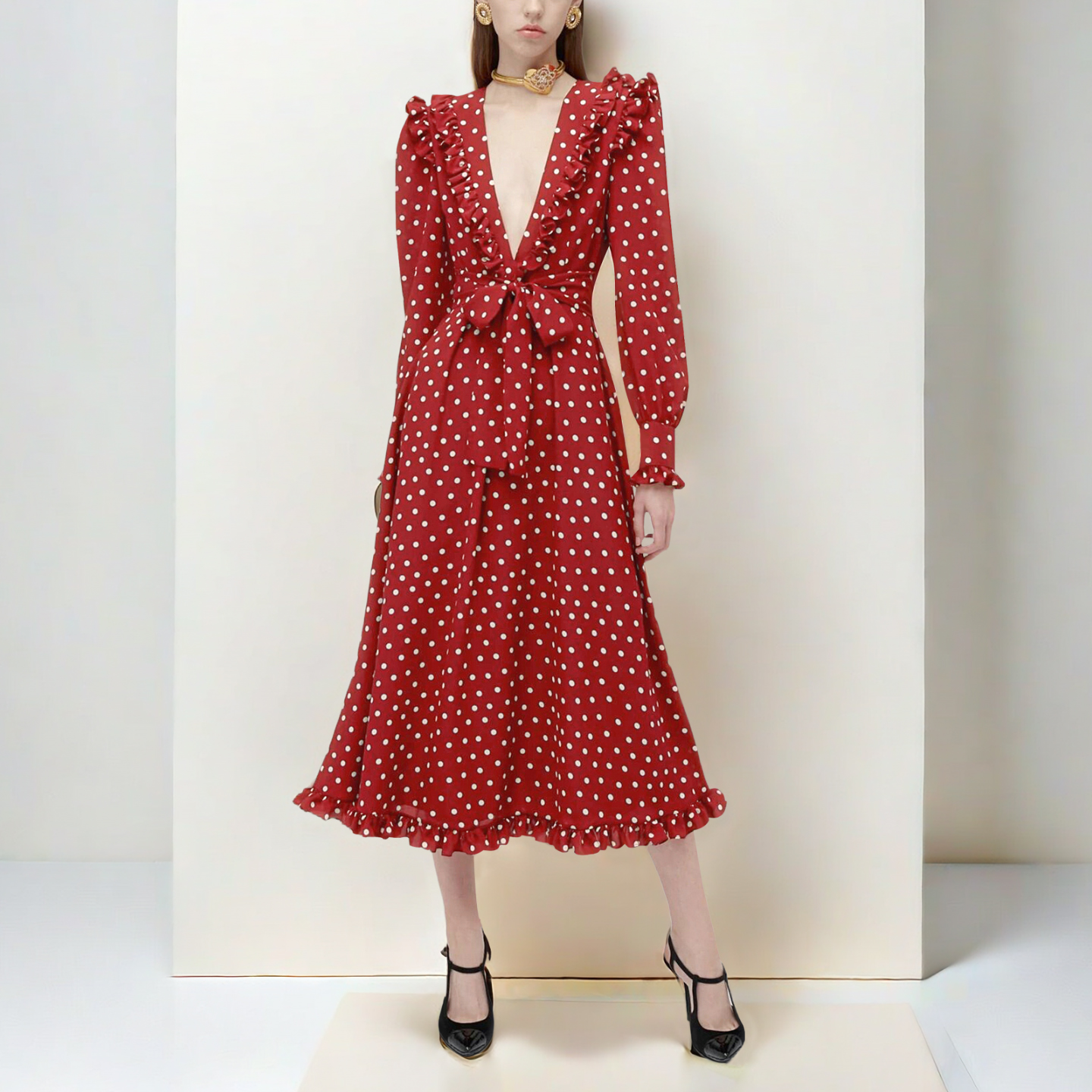法式复古红色波点连衣裙女礼服裙