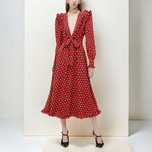 小洋装|轻奢|红色波点礼服长裙