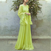 欧美裙子气质绿色连衣裙女荷叶边大摆显瘦长裙及踝长袖 仙气飘飘