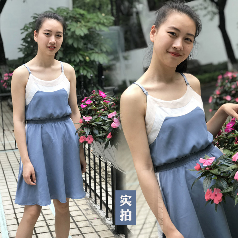 吊带拼色连衣裤度假2025湛蓝色时尚雪纺连衣裤