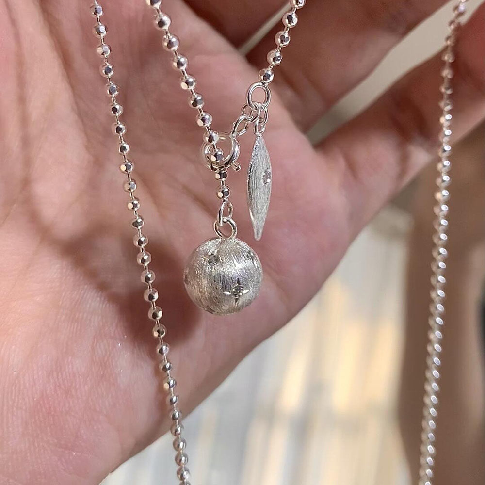 复古简约拉丝幸运圆球毛衣链 S925纯银八芒星圆球项链bling银饰女