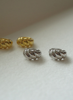 董洁同款高级感波纹牛角包耳环 法式复古925纯银扭绳斜纹圆圈耳扣