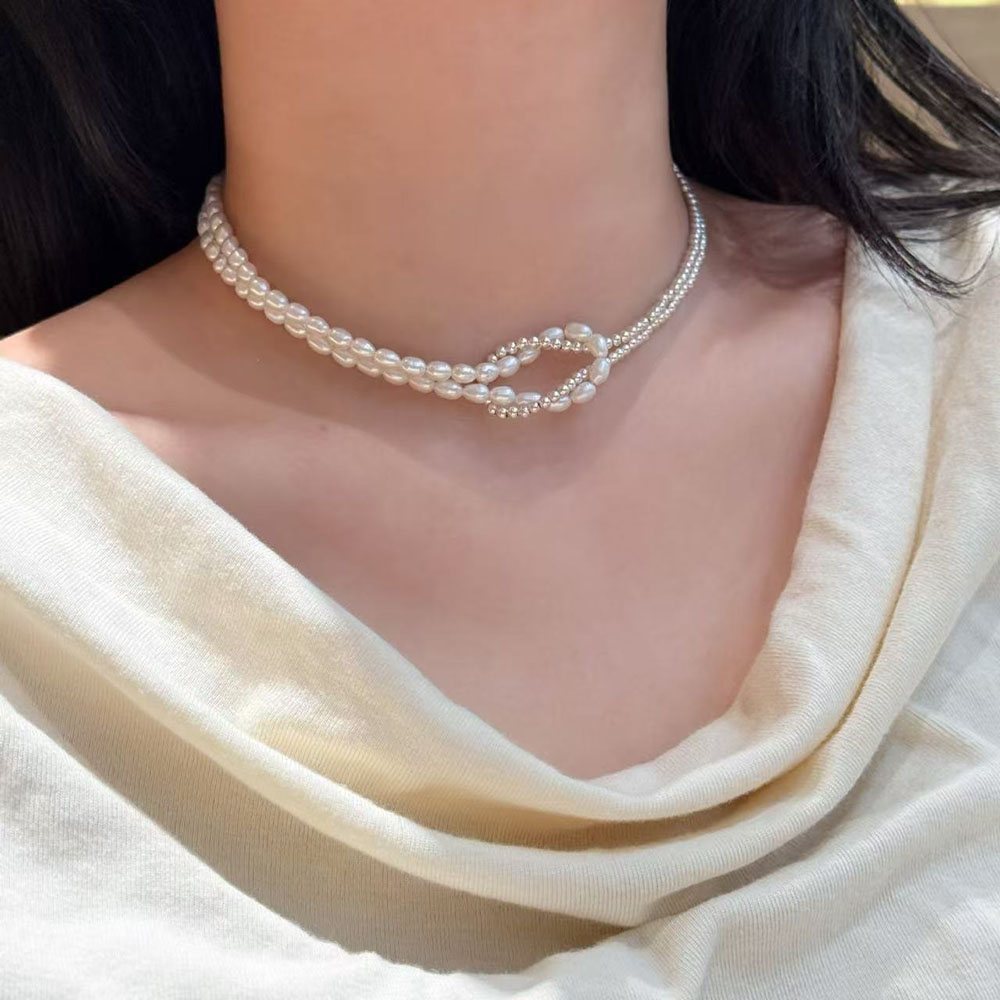 纯银珍珠小圆珠拼接绳结项链颈链