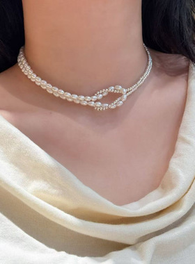 纯银珍珠小圆珠拼接绳结项链颈链