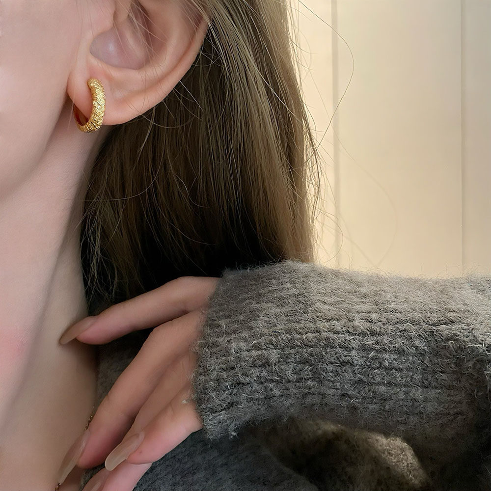 小众轻奢复古麦穗编织圆形耳圈 S925纯银拉丝麻花绳结耳环耳扣女