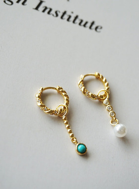 小众轻奢高级感绿松石水滴耳环 925纯银麻花圆圈珍珠不对称耳扣女