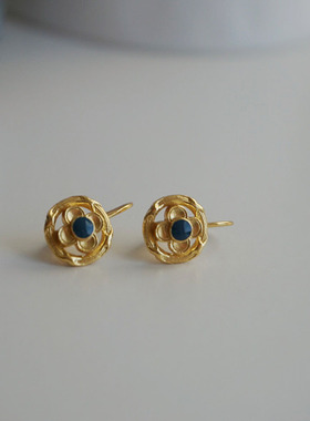 法式复古蓝色珐琅四叶草花朵耳环 925纯银小众高级感镂空花瓣耳钉