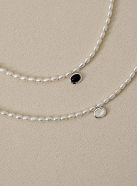 纯银几何椭圆形小米珍珠项链百搭