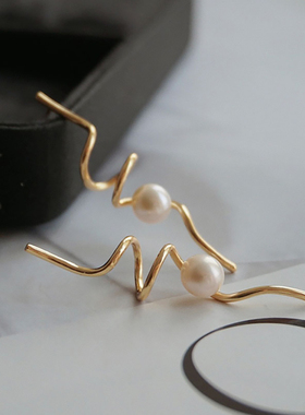 小众法式极简风S曲形线条耳环 S925纯银天然珍珠丝带旋转扭扭耳钉