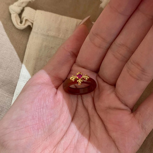 小众复古喜庆红玛瑙十字架戒指 S925纯银新年红鸢尾花戒指环银饰