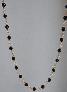 法国小众手工编织黑尖晶石串珠项链 S925纯银黑色小圆球叠戴颈链