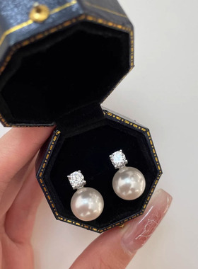 法式优雅经典戴妃珍珠耳钉 S925纯银镶钻四爪方形钻珍珠耳环银饰