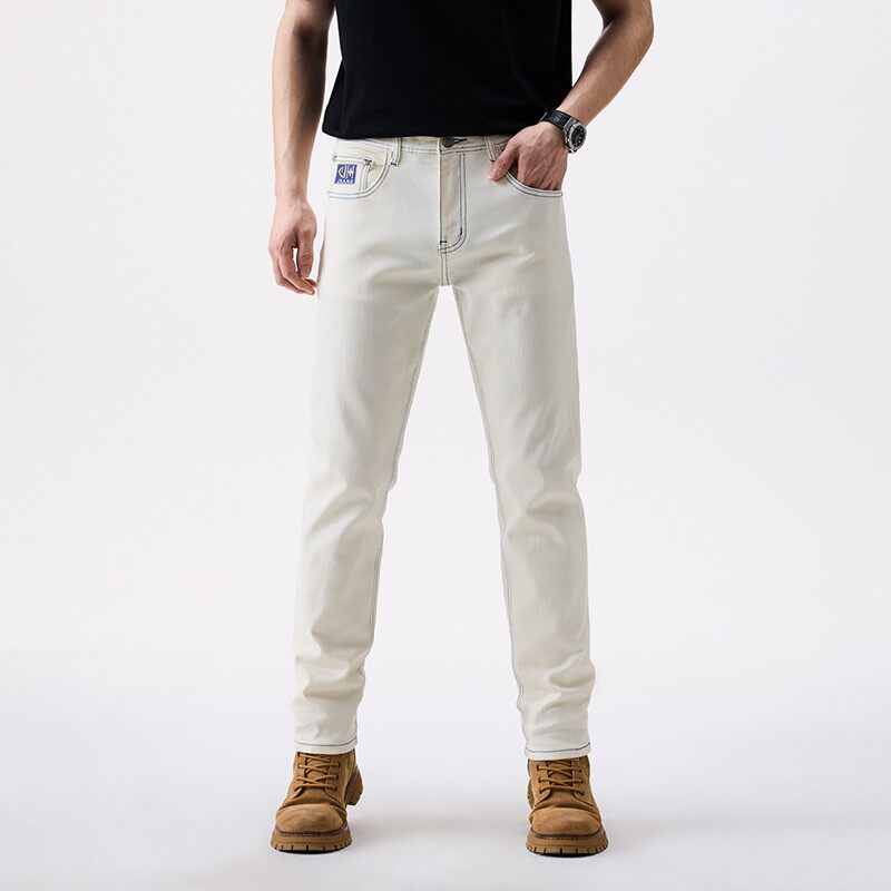 牛仔裤男款春季裤子时尚净版米色小脚裤弹力修身长裤男牛仔裤9392