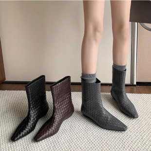 牛皮编织3.5cm异型跟加宽短靴女秋冬新款时髦法式小个子半筒靴子