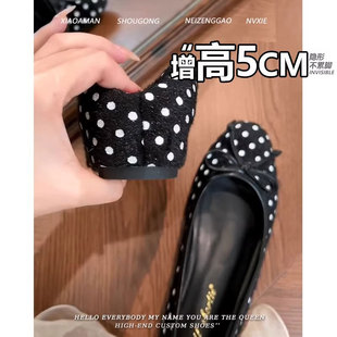方头蝴蝶结波点浅口奶奶鞋 女2026新款 隐形内增高5CM单鞋 小个子