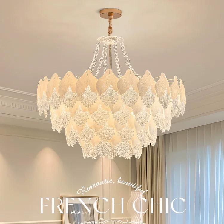 法式水晶吊灯奶油风轻奢客厅灯全光谱设计师款花朵卧室公主房灯具