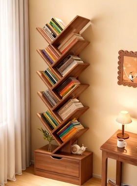 实木树形书架落地置物架卧室客厅一体靠墙学生学习书柜转角小书架