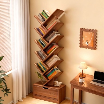 实木树形书架落地置物架卧室客厅一体靠墙学生学习书柜转角小书架