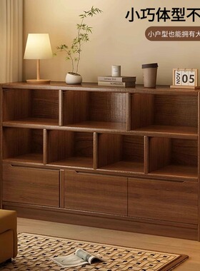 书柜储物柜一体小户型置物架书架落地带柜门矮柜客厅胡桃木色柜子