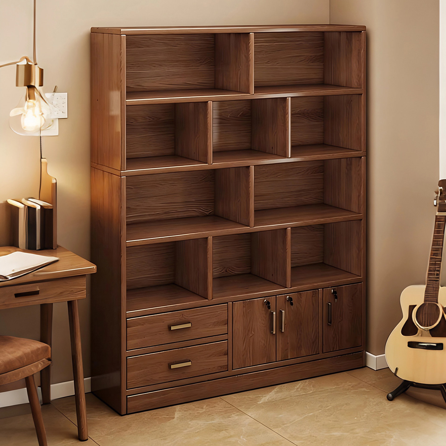 中古风书柜储物柜一体靠墙胡桃木色整墙柜子家用书架落地置物架子