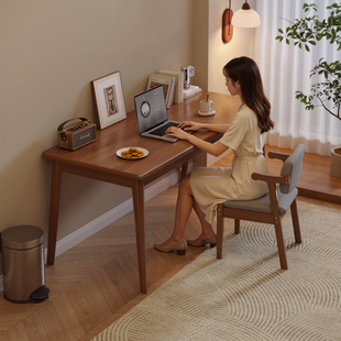 书桌学生家用实木腿电脑桌子卧室床边写字桌靠墙学生学习写字桌