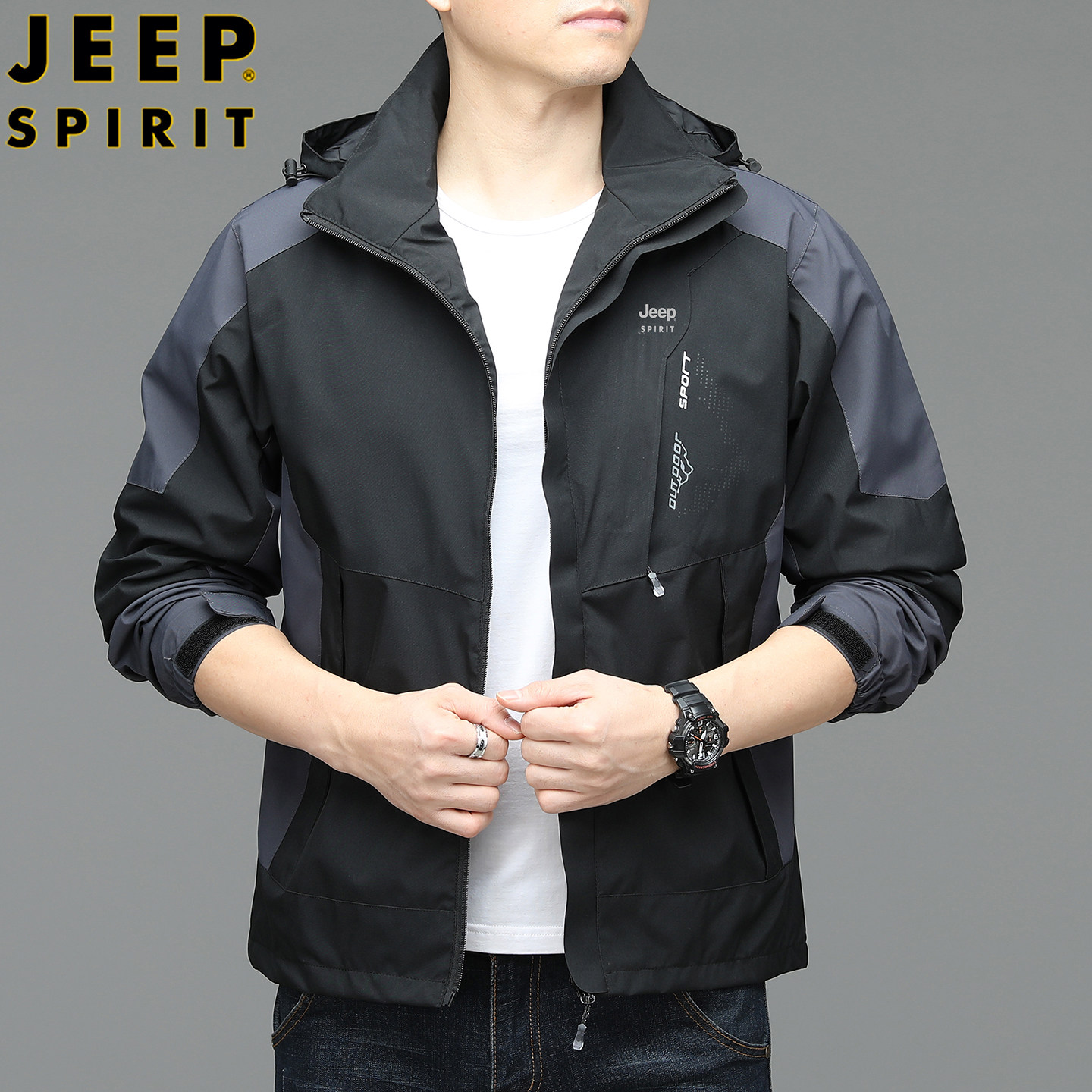 吉普可脱卸帽夹克男2026春秋季新款宽松直筒外套多口袋防风茄克潮