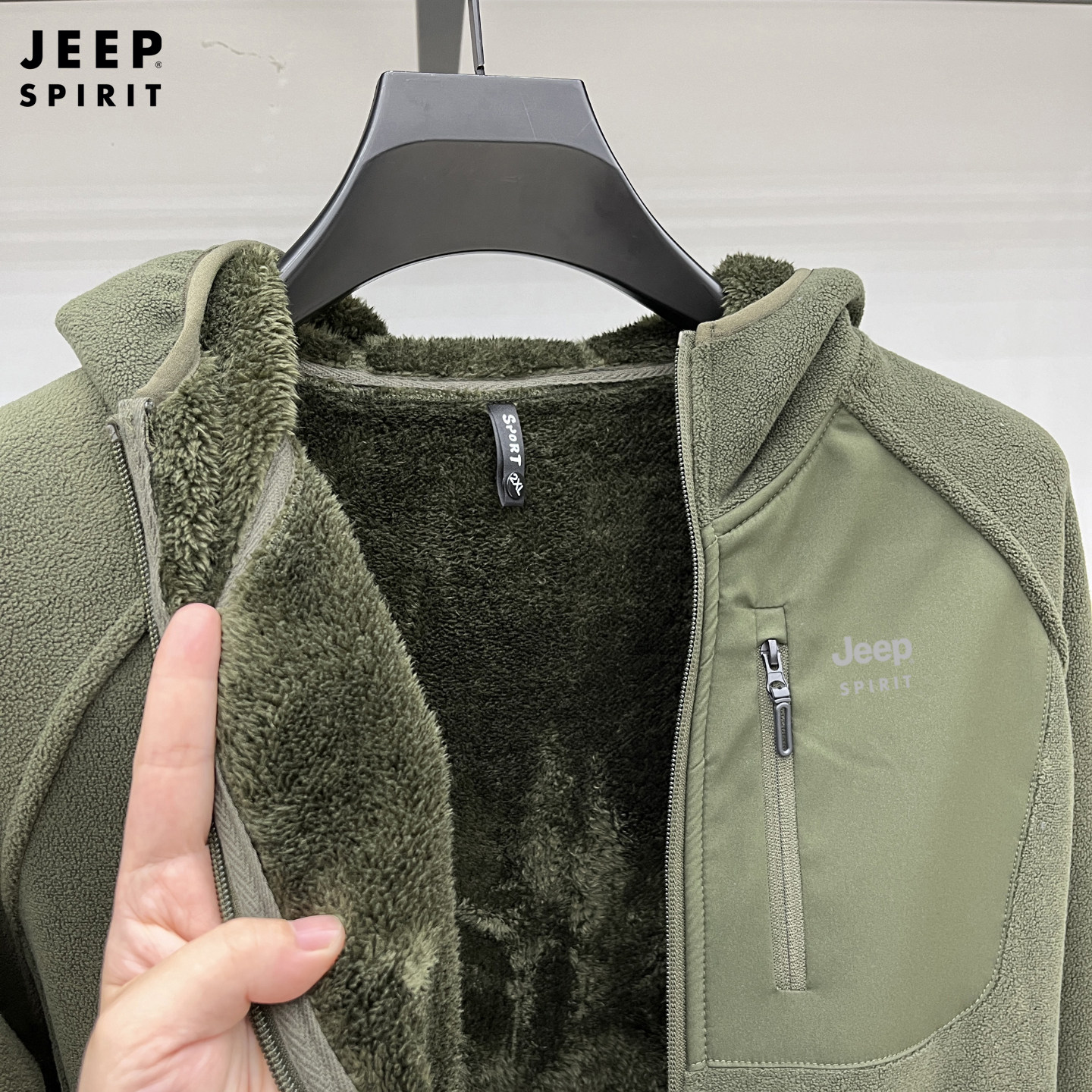 jeepspirit加绒开衫连帽卫衣保暖