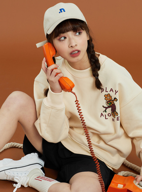 NSS LAB 2021春款潮牌国潮原创宽松休闲米色卡通图案套头长袖卫衣